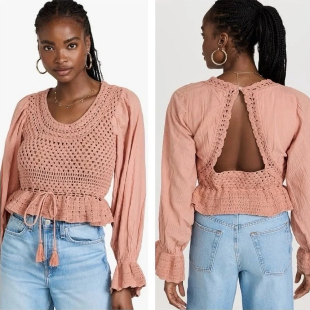 Free People Megan Long sleeves cut out back Crochet crop Top size Large